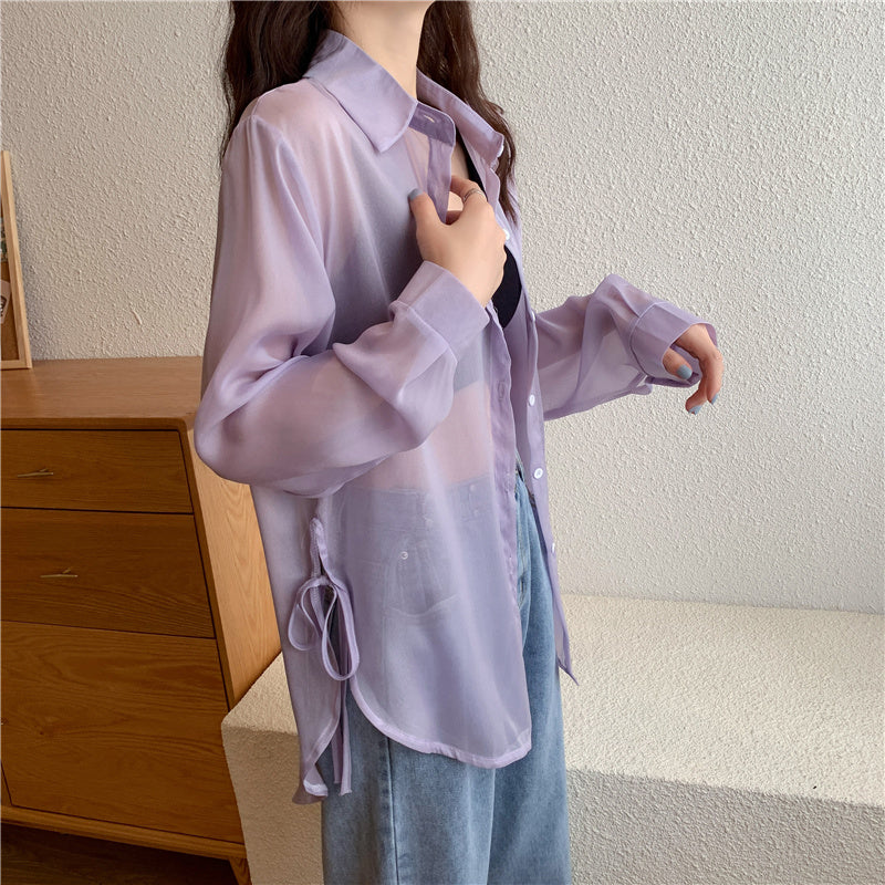 6色展開 シースルーサイドリボンシャツ 大人可愛い S1632