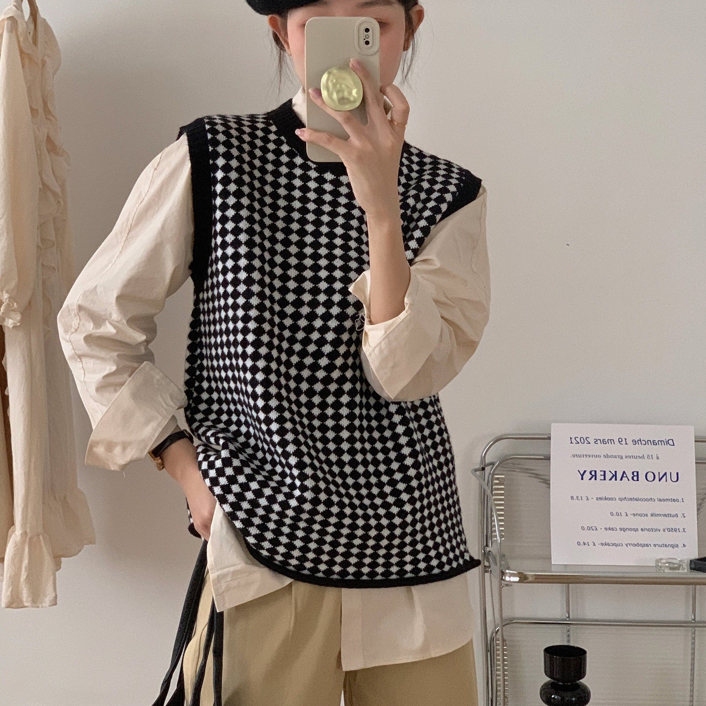ダイヤモンドチェックニットベスト♡お洒落ワンピース風 S1247