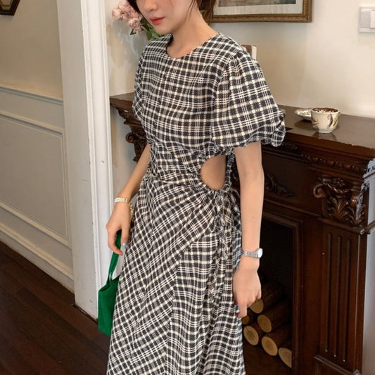 ウエストカットチェックワンピース♡抜け感デザイン S1571
