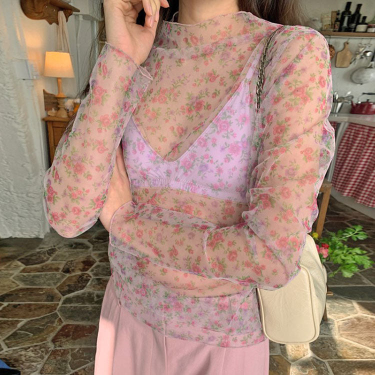 大人可愛い水彩プリントシアートップス S2369