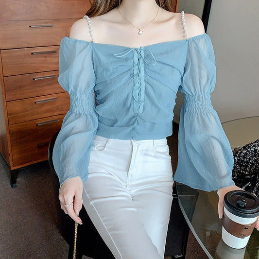 パールストラップオフショルブラウス 大人可愛い花柄 S1483