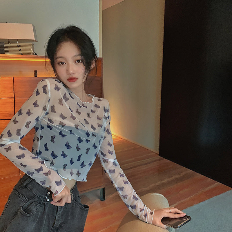 蝶柄シースルーブラウス◎透け感で大人かわいい S1690
