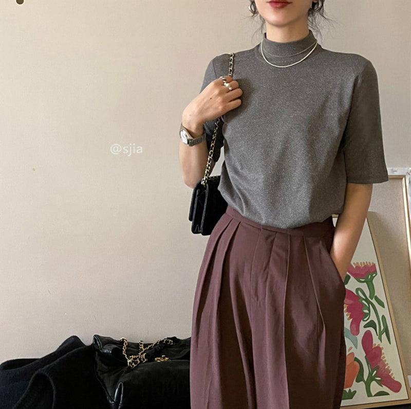 バイカラー襟の大人可愛いモックネックTシャツ S1164
