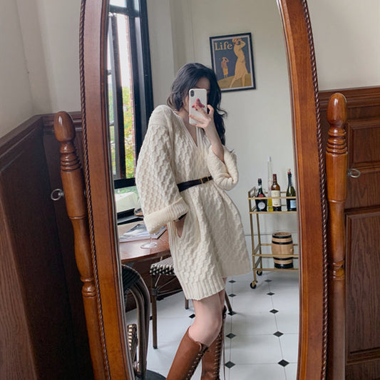 Vネックミニニットワンピース(ベルト付き)大人可愛い S1234