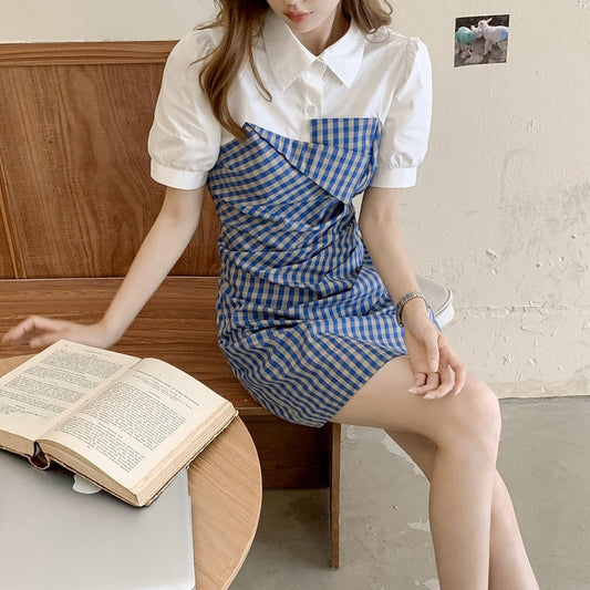 ブルーチェックのビスチェ風ワンピース♡大人可愛いデザイン S1439