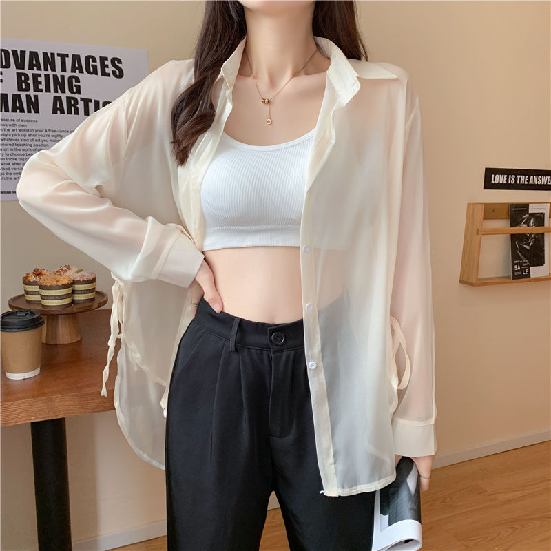 6色展開 シースルーサイドリボンシャツ 大人可愛い S1632