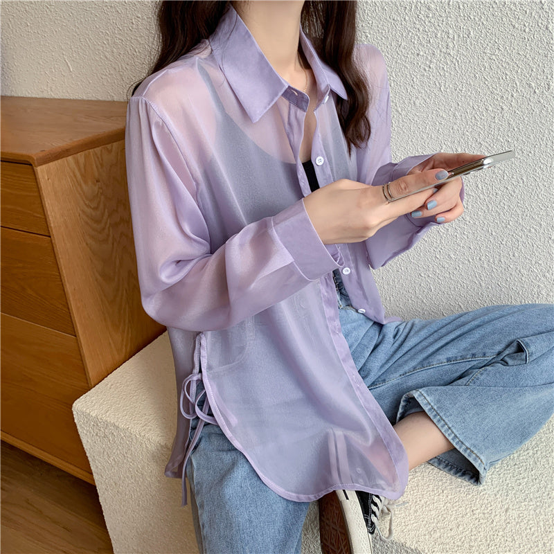 6色展開 シースルーサイドリボンシャツ 大人可愛い S1632