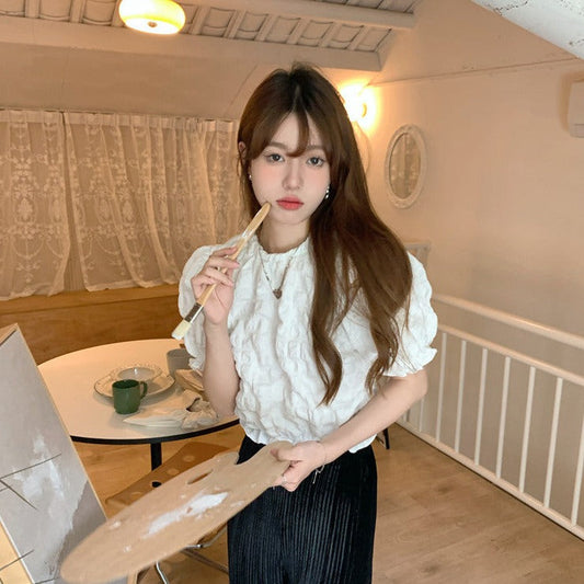 フレンチワッフルパフスリーブトップス♡大人可愛いワンピース風 S1876