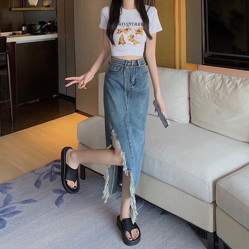 ダメージ加工デニムスカート エッジーで可愛い S2088
