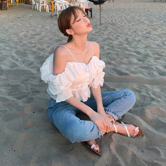 綿レースオフショルブラウス 花柄刺繍で可愛い S1566