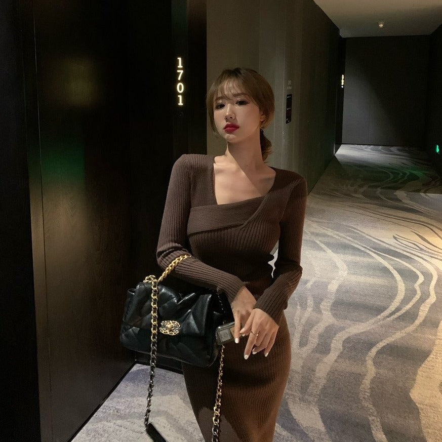 レイヤードネックロングニットワンピース☆大人可愛いデートコーデに S1038