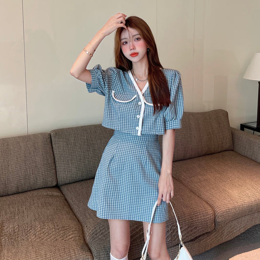 ブルーチェックパフスリーブセットアップ♡可愛いデザイン S1480