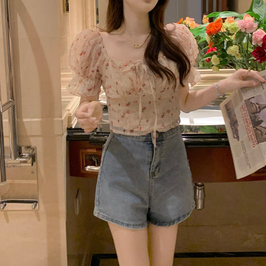花柄パフスリーブクロップトップス S1567
