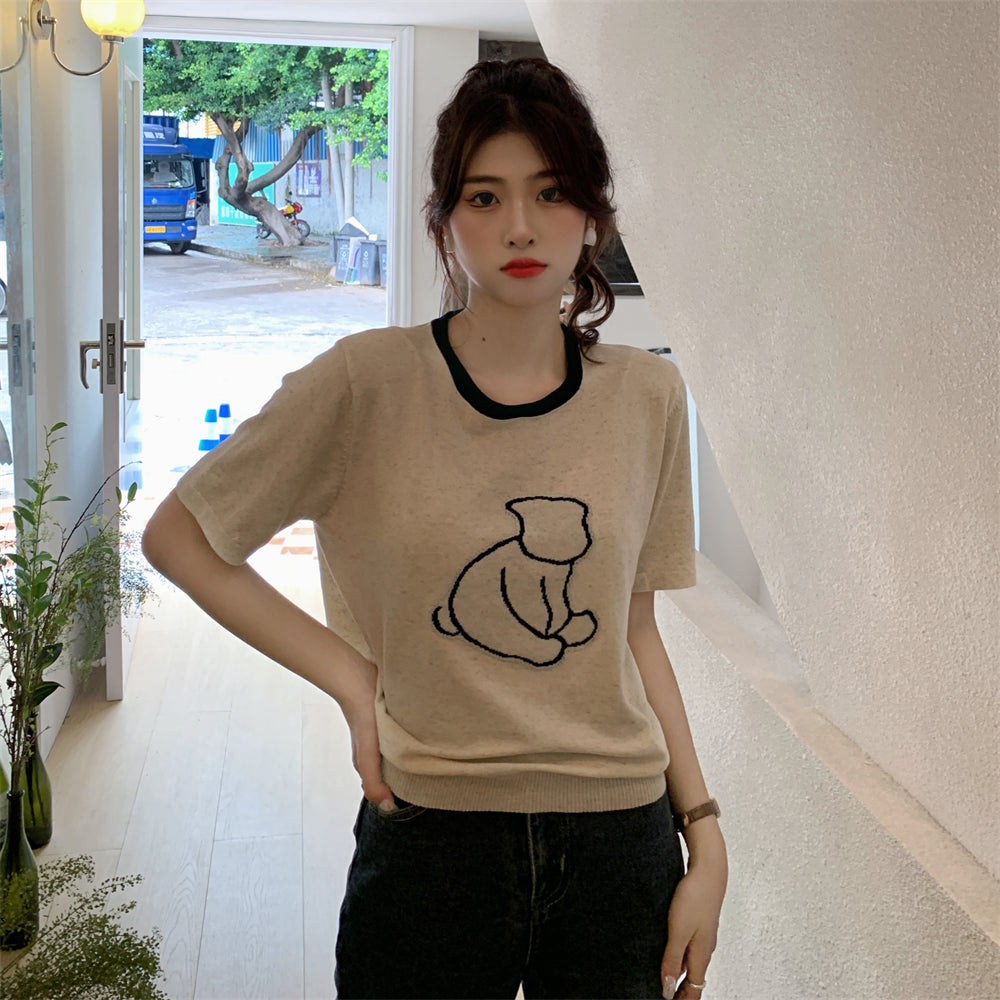 イラスト入りサマーニット かわいい半袖トップス S1172