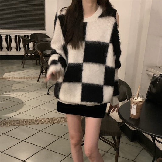 チェックのダメージニット♡大人かわいい肌見せトップス S1074