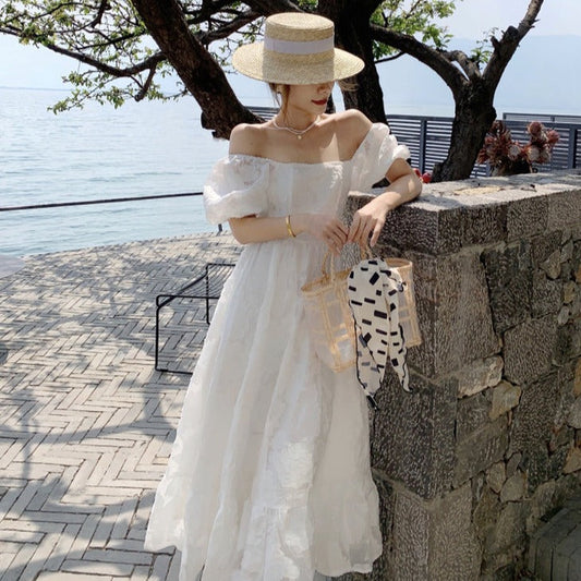 ジャガードパフスリーブワンピース♡清楚で大人可愛いサマードレス S1669