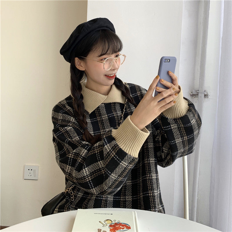 ポロ風カラーチェックニット♡ゆるかわオーバーサイズ S1223