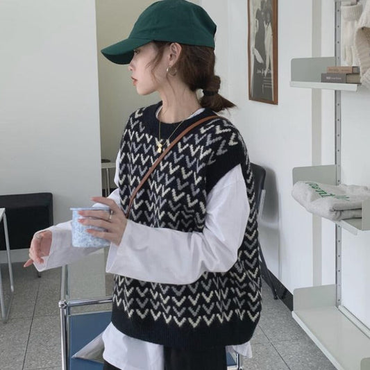 モノトーン柄オーバーサイズニットベスト◎着回し抜群 S1245