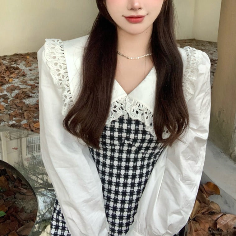 モノトーンチェックのフェイクレイヤードワンピース S2492