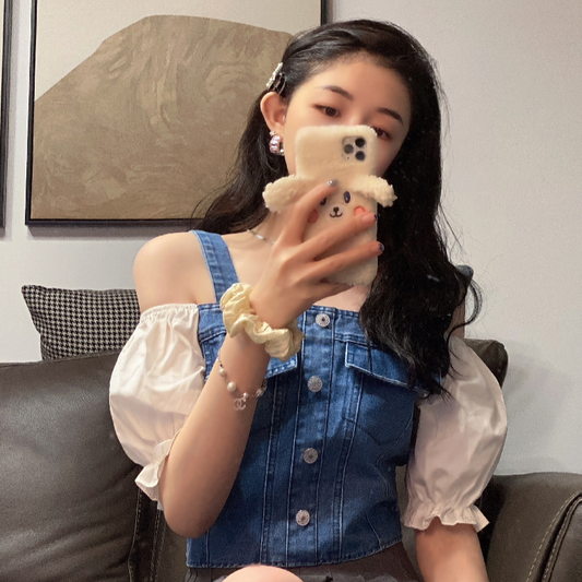 オフショルデニムビスチェ風トップス レイヤードで可愛く♡ S1609