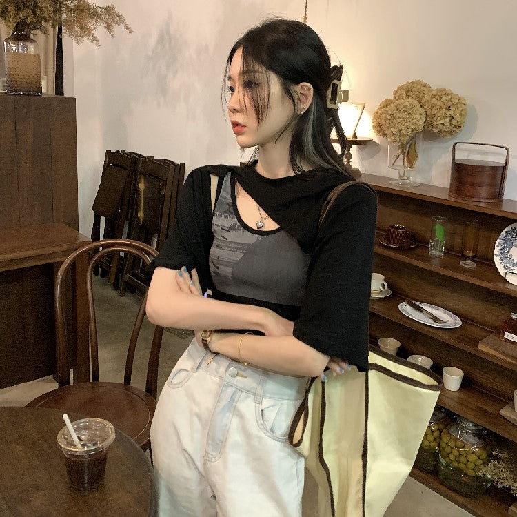 アシメデニム風半袖Tシャツ♡2WAYで着回し自在 S1677