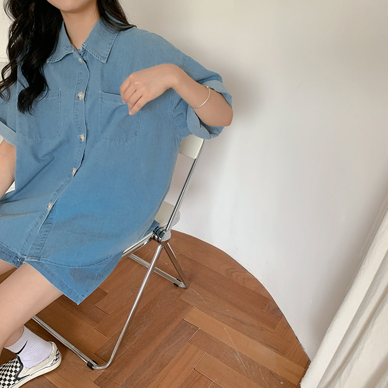 デニムシャツ&ショーパン ビッグシルエットセットアップ S1842