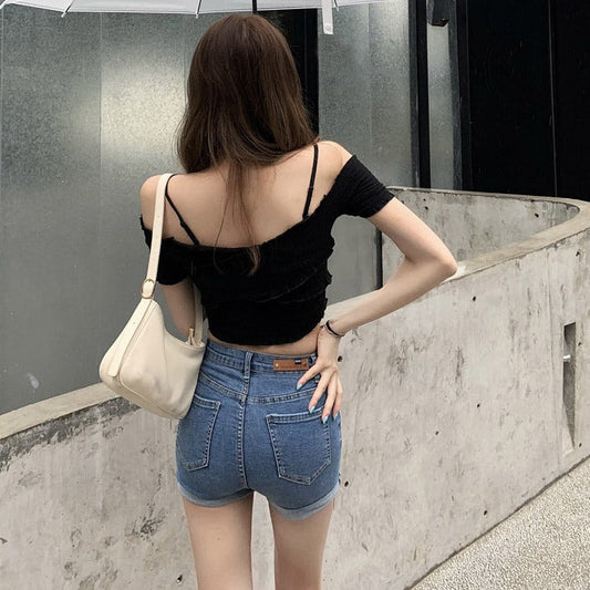 オフショルダーシャーリングクロストップス S1576