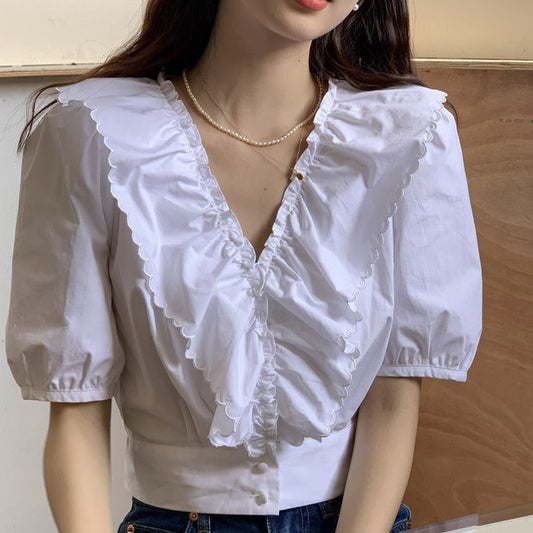 Vネックフリルブラウス パフスリーブで大人可愛い♡ S1890