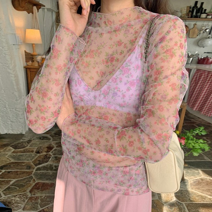 大人可愛い水彩プリントシアートップス S2369
