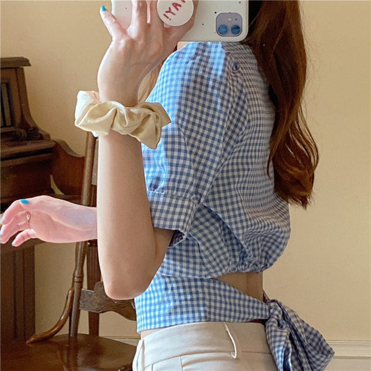 バックリボン♡チェックブラウス 女性らしいデザイン S1402