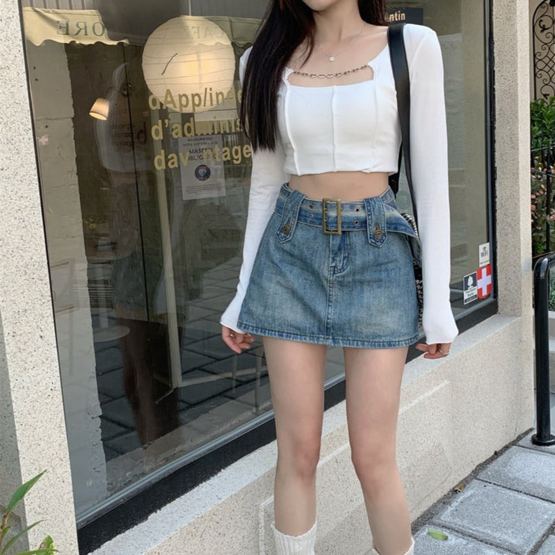 ベルト付きデニムミニスカート♡インナーショーツ付き S2307