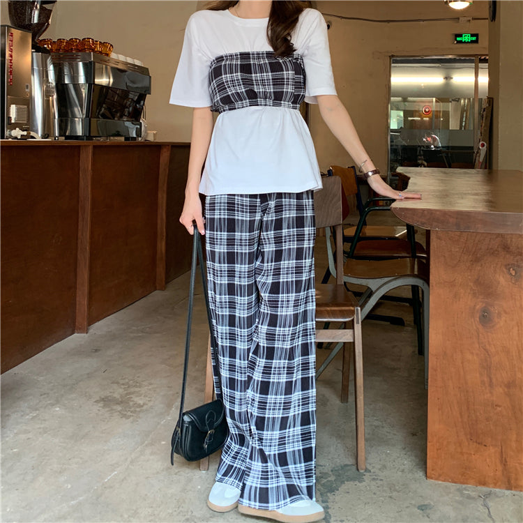 チェックワイドパンツセットで大人可愛いコーデ S1845