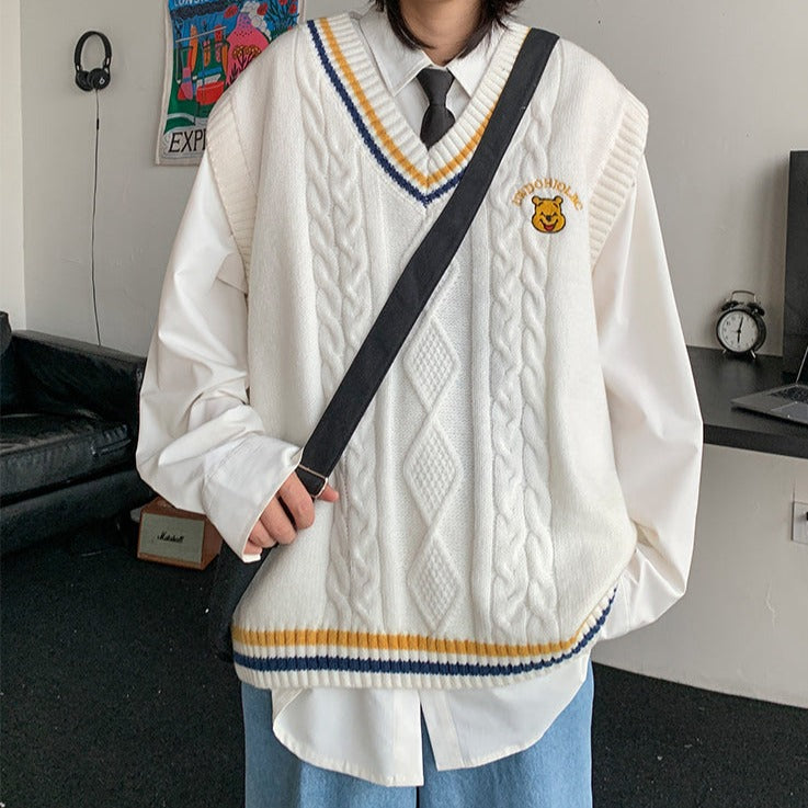 ベア刺繍ニットベスト【ユニセックス】レトロで可愛い S1239