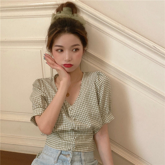バックリボン♡チェックブラウス 女性らしいデザイン S1402