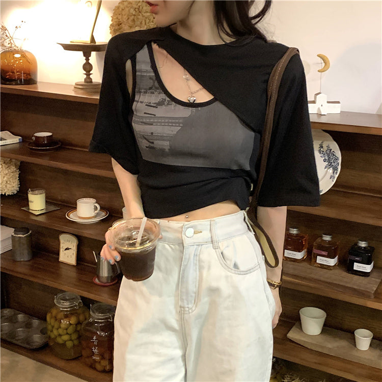 アシメデニム風半袖Tシャツ♡2WAYで着回し自在 S1677