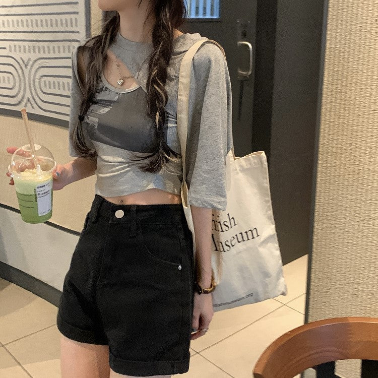 アシメデニム風半袖Tシャツ♡2WAYで着回し自在 S1677