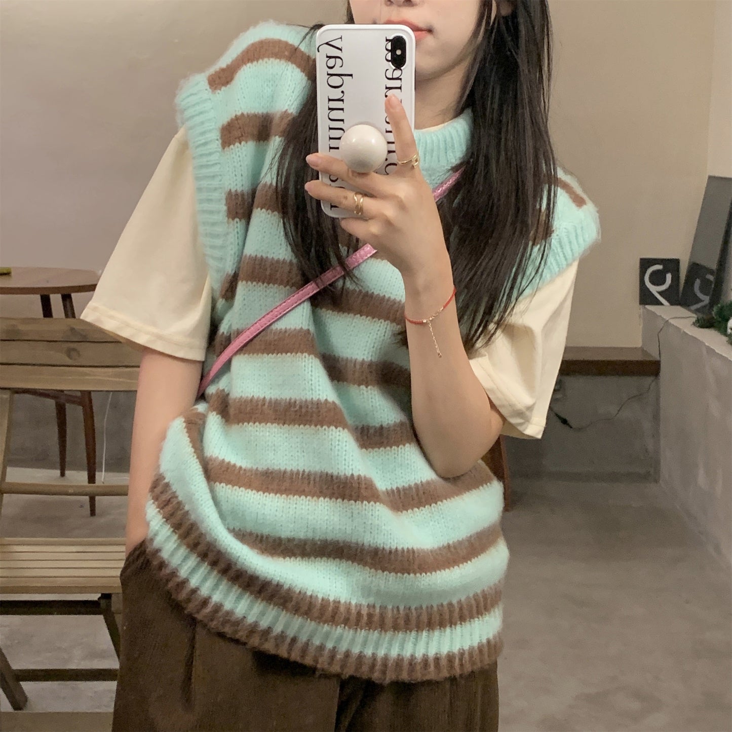 ヴィンテージリネンボーダーベスト♡春らしいカラフルデザイン S2448