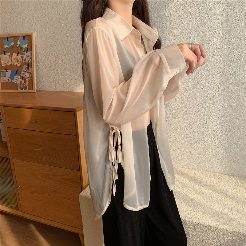 6色展開 シースルーサイドリボンシャツ 大人可愛い S1632