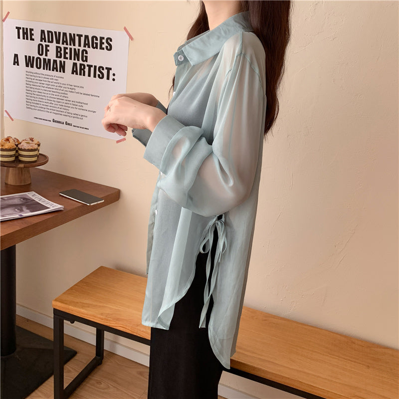 6色展開 シースルーサイドリボンシャツ 大人可愛い S1632
