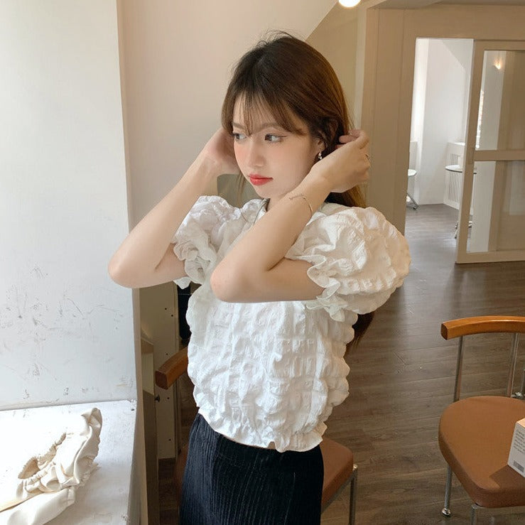 フレンチワッフルパフスリーブトップス♡大人可愛いワンピース風 S1876