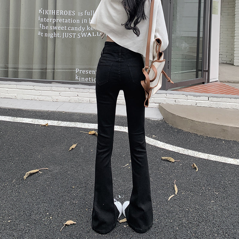 裾スリットブラックデニムパンツ 脚長効果でおしゃれ S2327