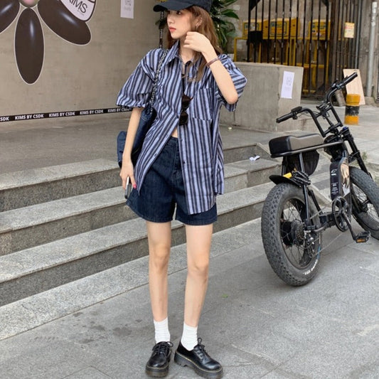 レトロなストライプシャツ♡オーバーサイズで可愛い S1873