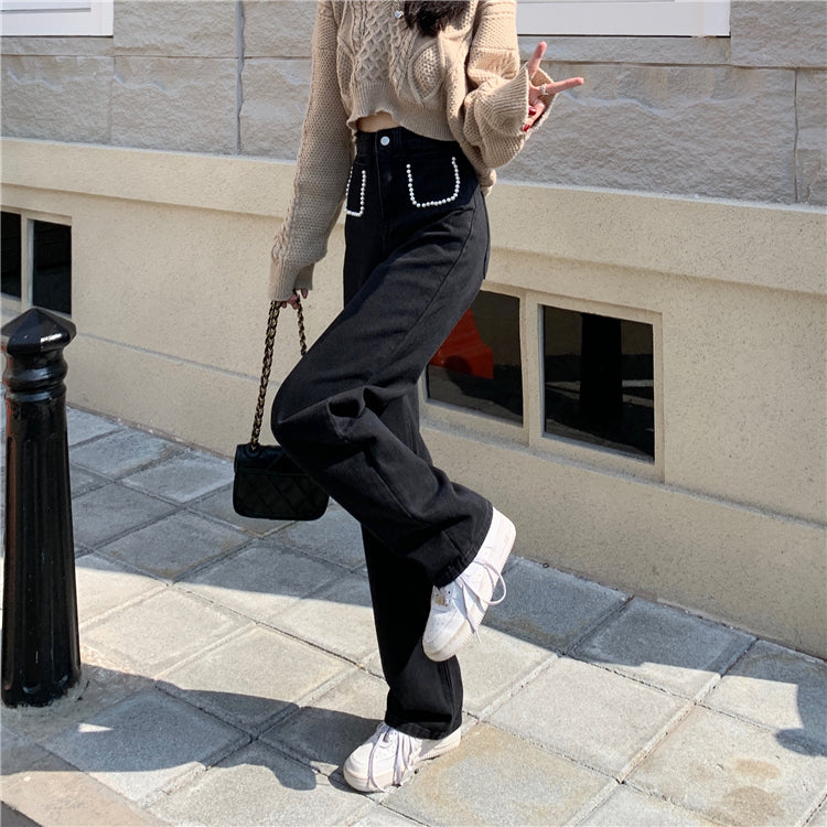 パールデニムパンツ ハイウエストで大人可愛い S2508