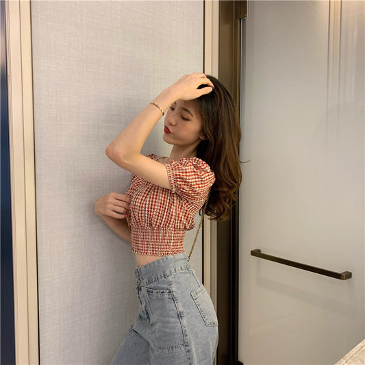 レトロチェックのゆったりショートブラウス S1891