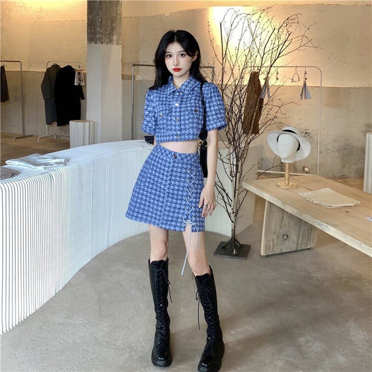 千鳥柄セットアップ 半袖ジャケットとミニスカート S1846