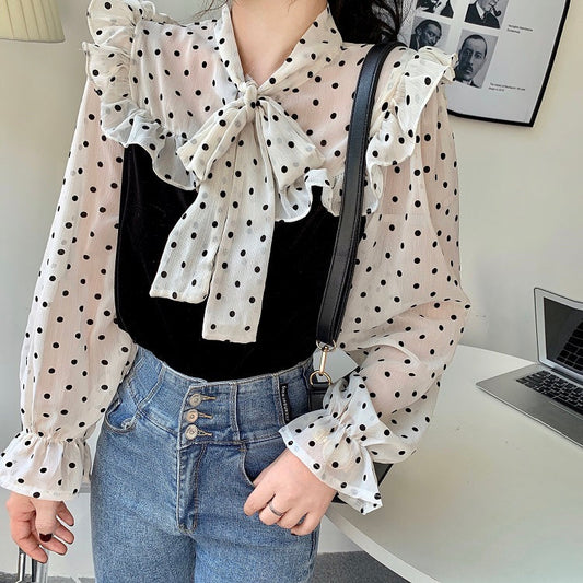 ドットベルベットブラウス ガーリーで透け感 S1736