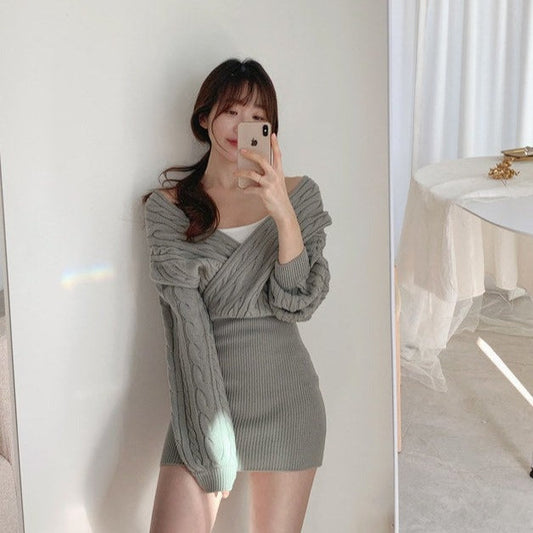 ケーブルニット切り替えタイトワンピース S1232