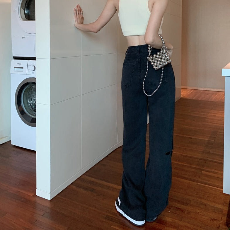 ハイウエストストレートデニム ダメージ加工で可愛い S2184