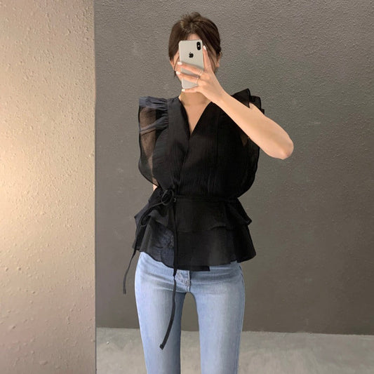 ウエストリボン付きシアーブラウス♡大人可愛いVネック S1623