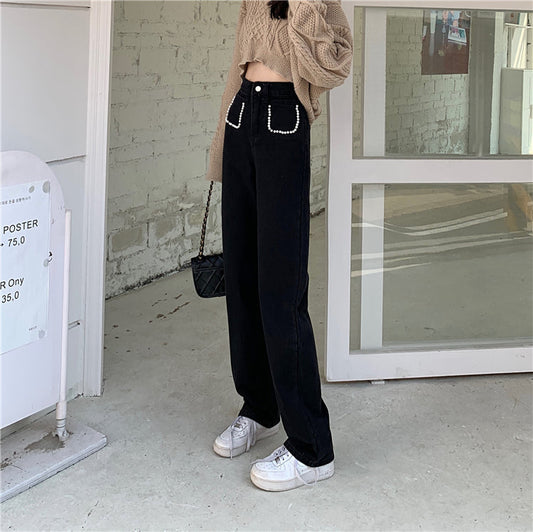パールデニムパンツ ハイウエストで大人可愛い S2508
